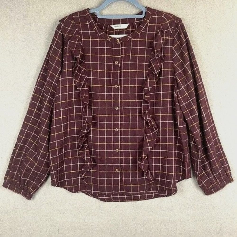 NEW Sonoma Petite Windowpane Plaid Flannel Long Sleeve Ruffle Shirt PXXL